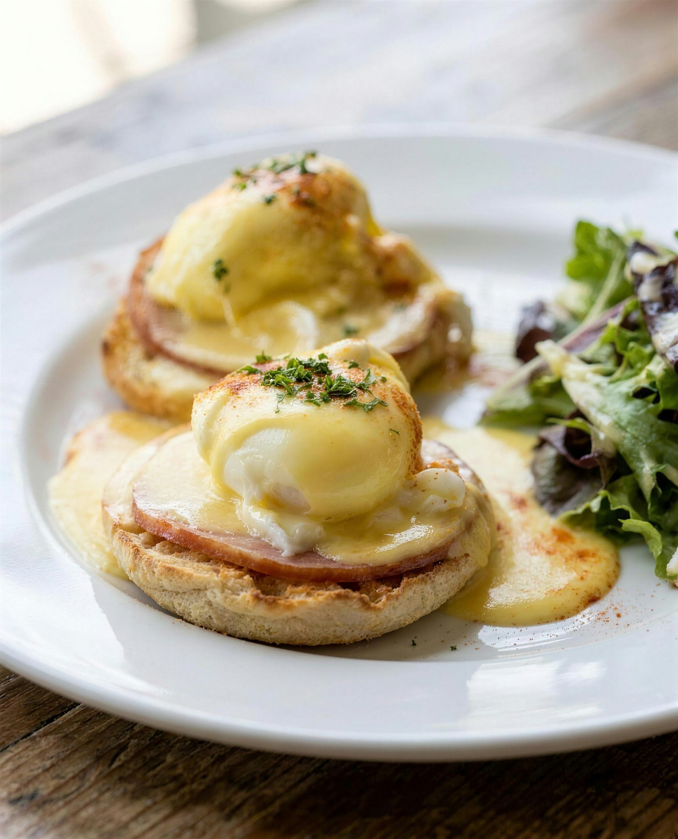 Eggs Benedict — poached eggs and hollandaise over English muffin halves, dusted with paprika and parsley