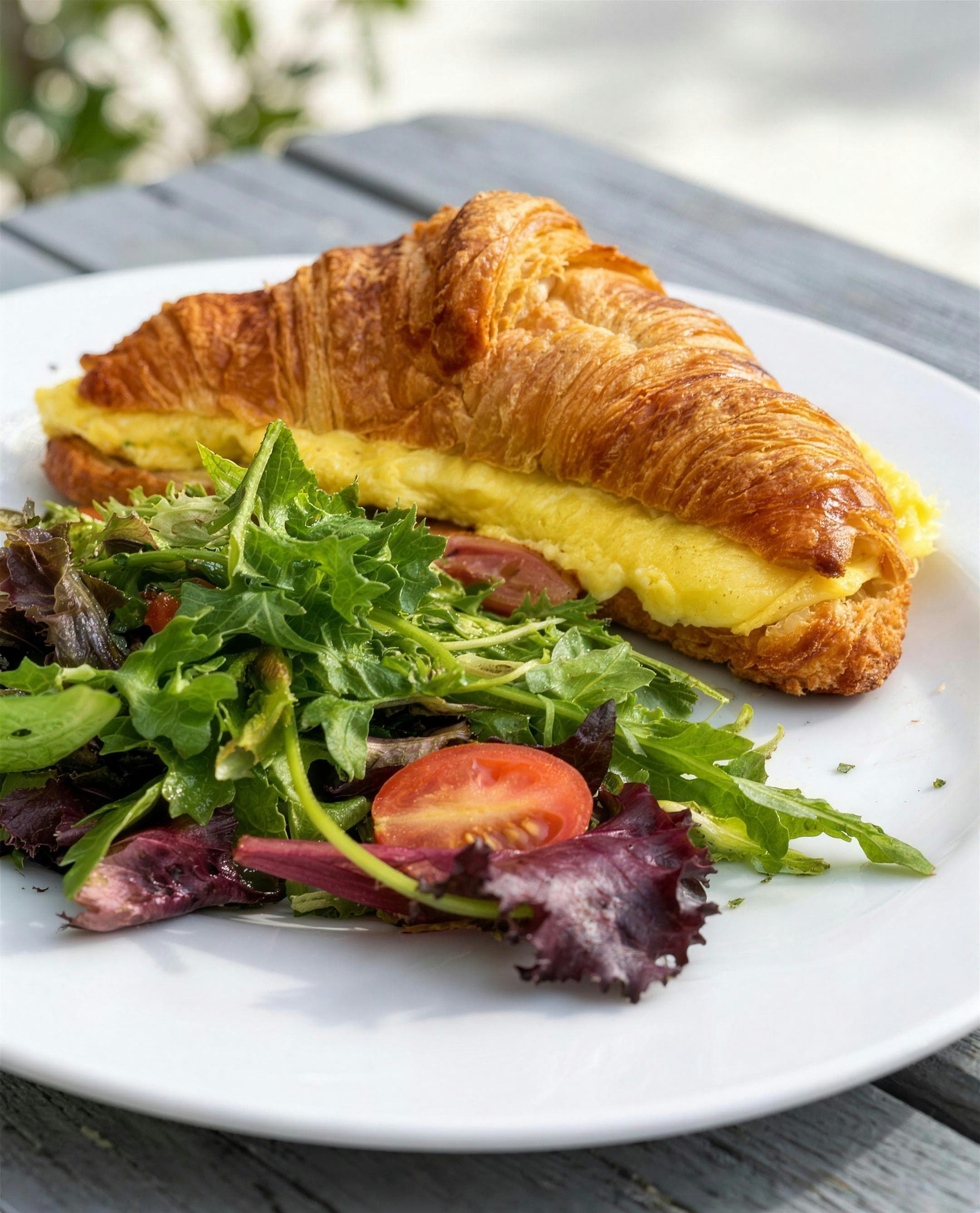 A croissant sandwich filled with scrambled egg beside a dressed green salad with tomato, on a white plate at an outdoor table