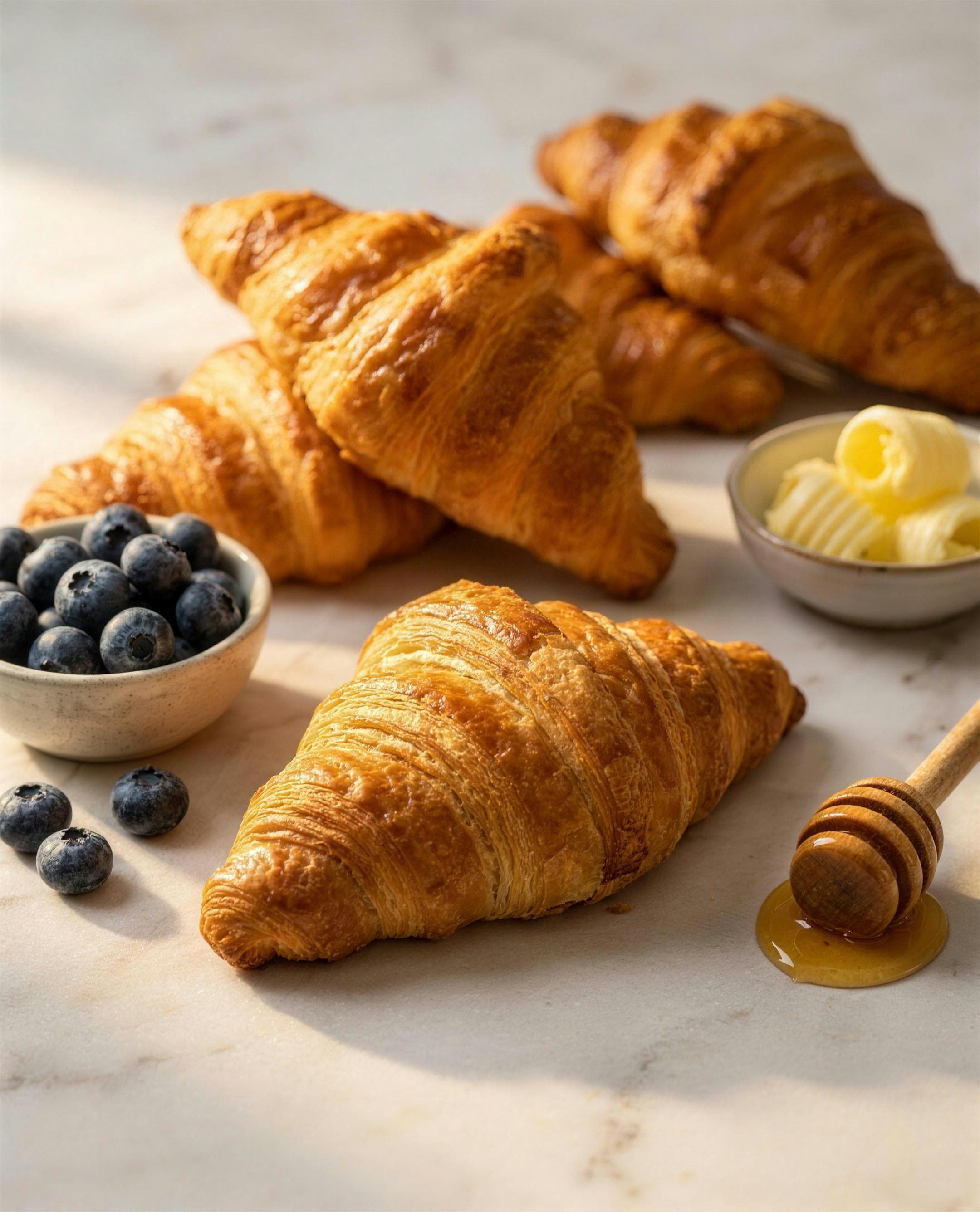 Butter croissants arranged on a pale surface with blueberries, butter curls and a honey dipper