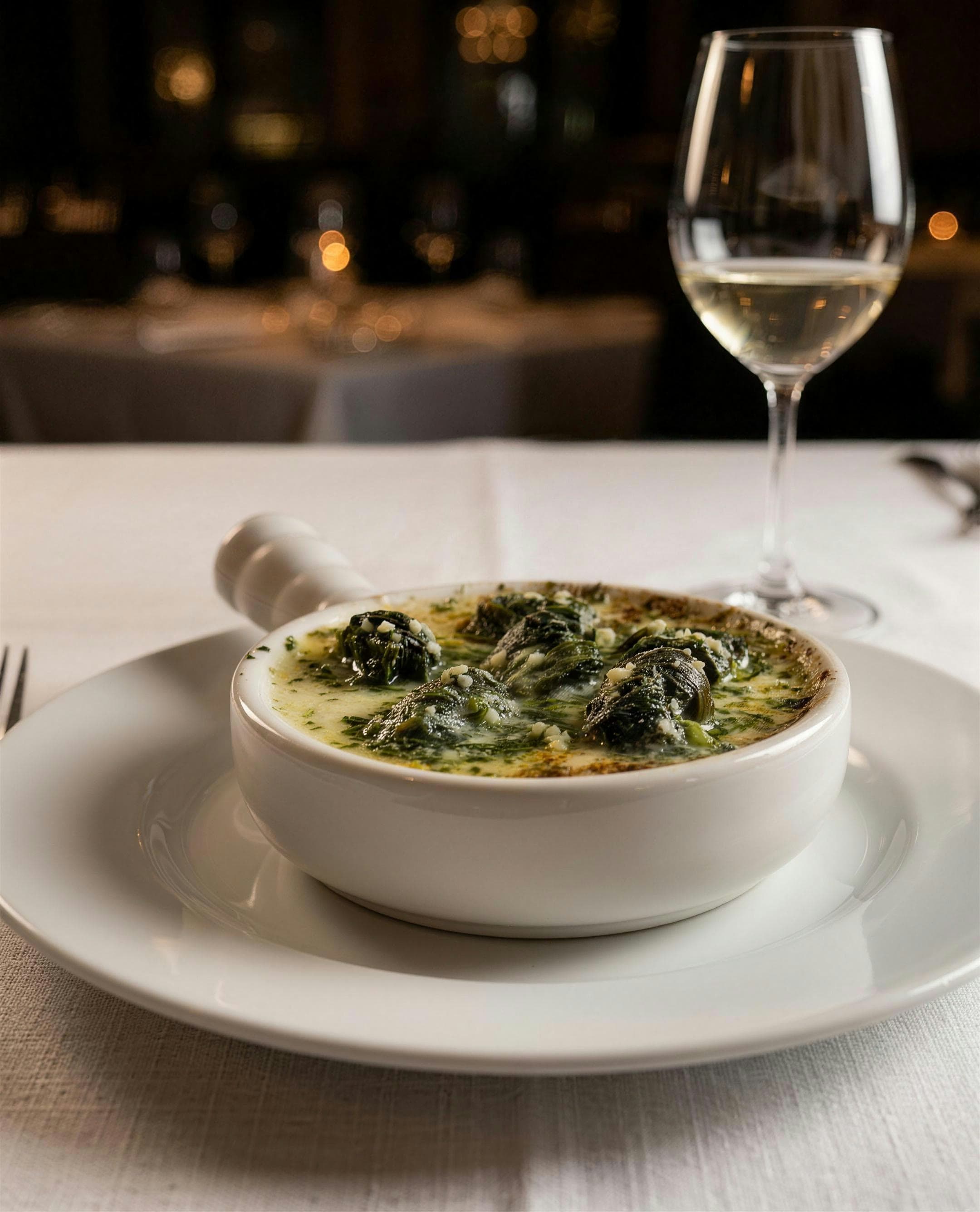 Six escargots baked in garlic and herb butter in a white ceramic dish, on white linen with a wine glass behind