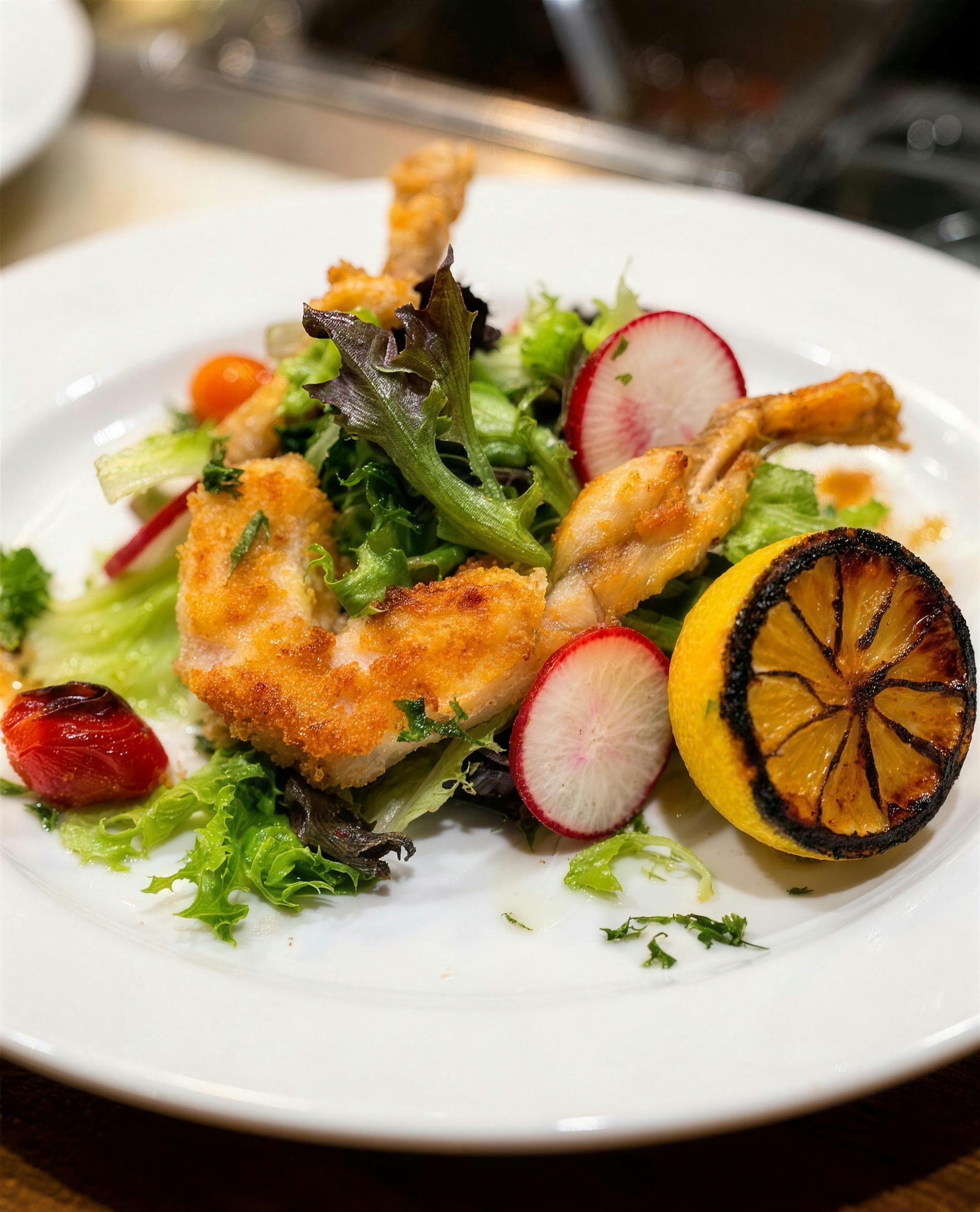Lightly fried frog legs served over mixed greens with radish, cherry tomato and a charred lemon half