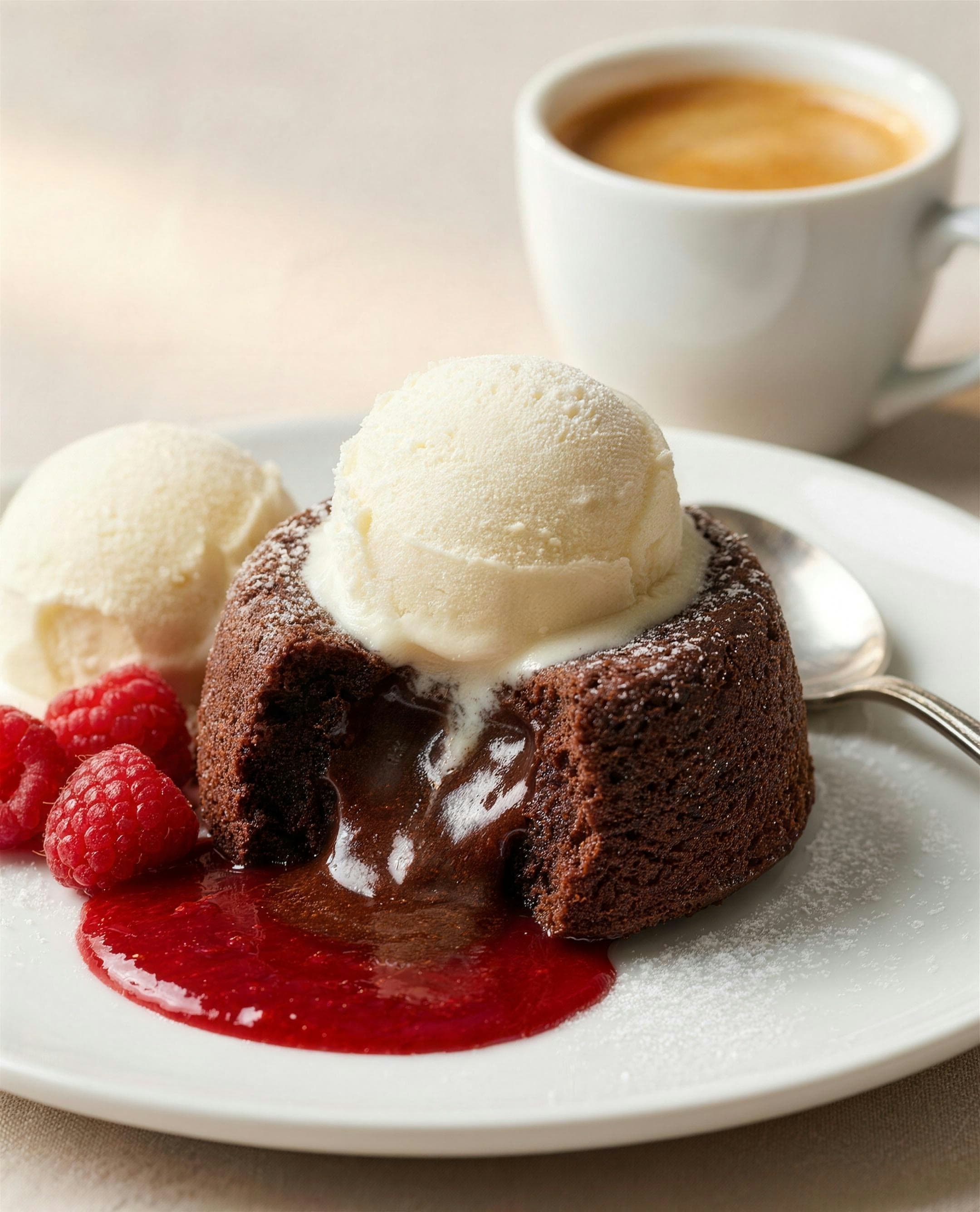 A warm chocolate lava cake topped with two scoops of vanilla ice cream, raspberry coulis and fresh raspberries, with an espresso alongside