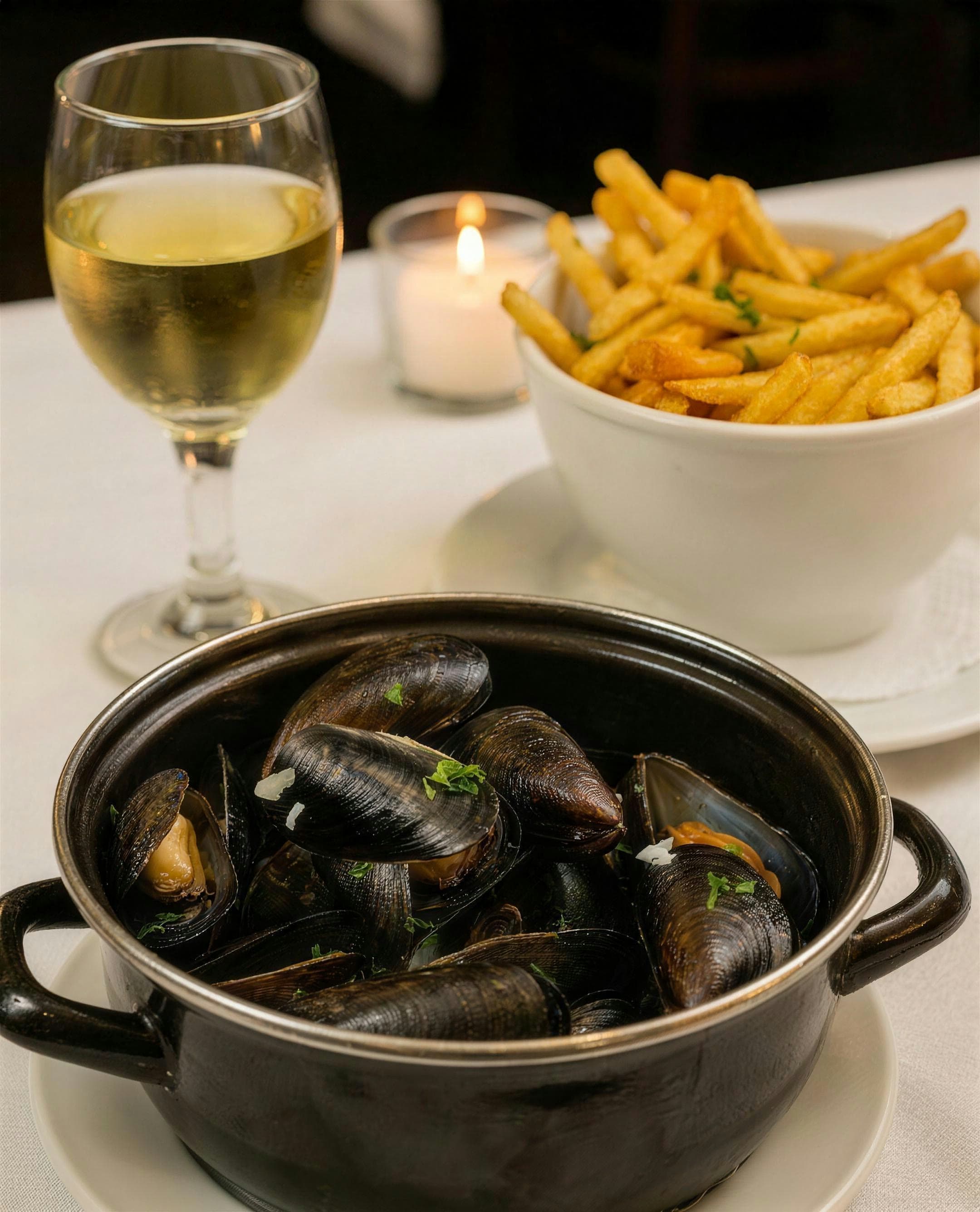 A cast-iron pot of mussels in white-wine broth with parsley, a bowl of golden frites and a glass of white wine on white linen, a candle burning behind