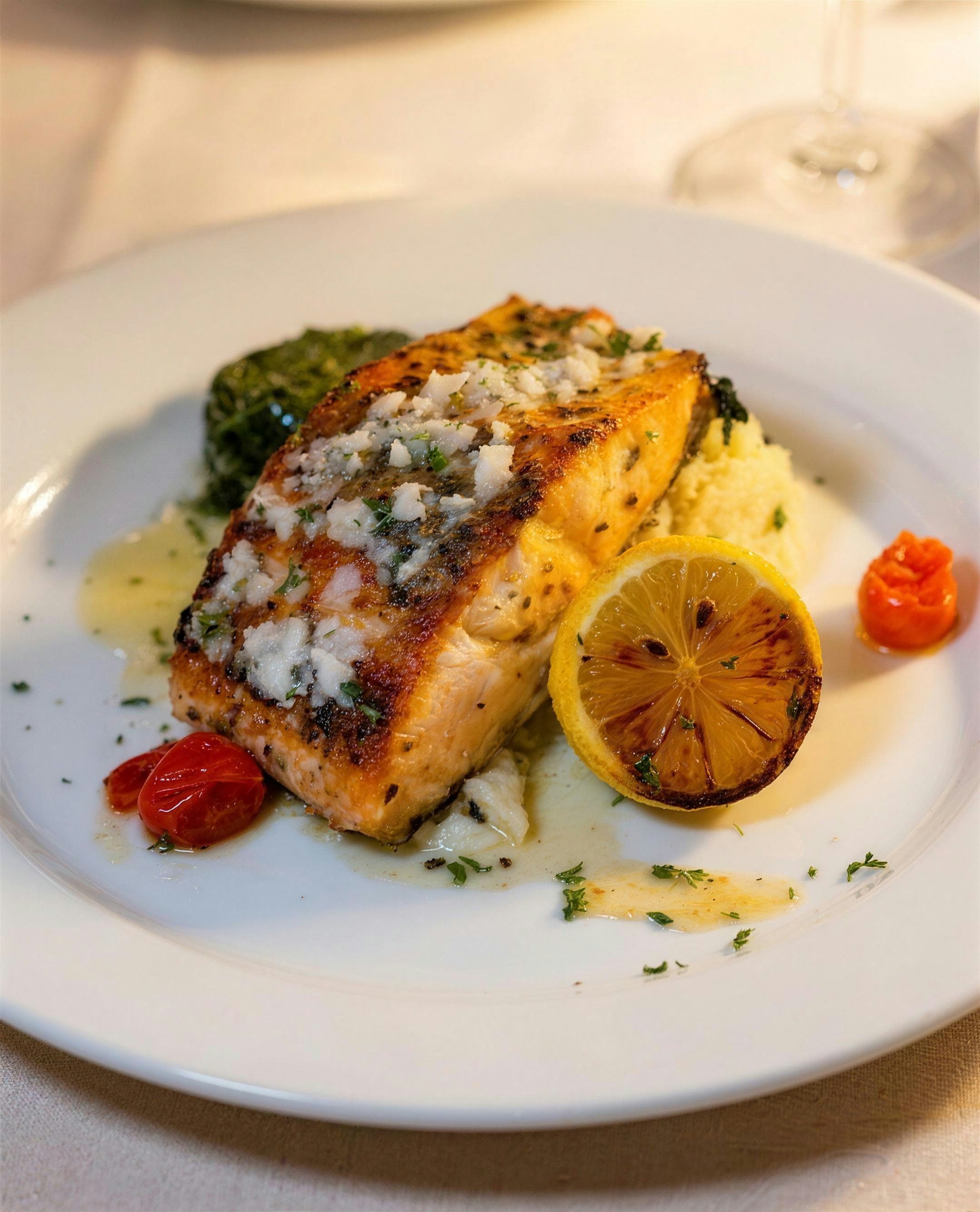 A seared salmon fillet with herbs and citrus, plated with whipped potato, a green herb sauce and blistered tomatoes