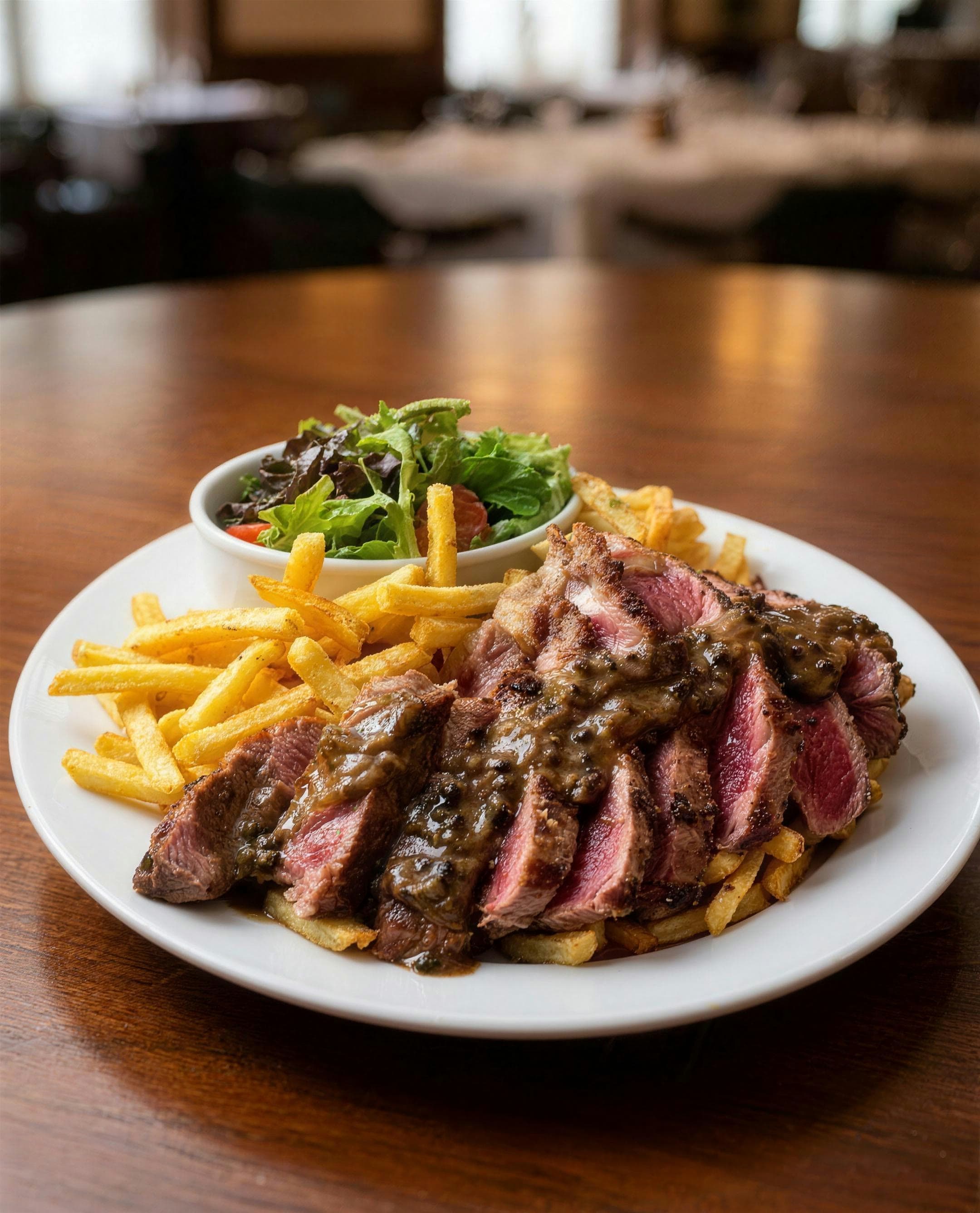 Sliced medium-rare steak in pan sauce with golden frites and a side salad