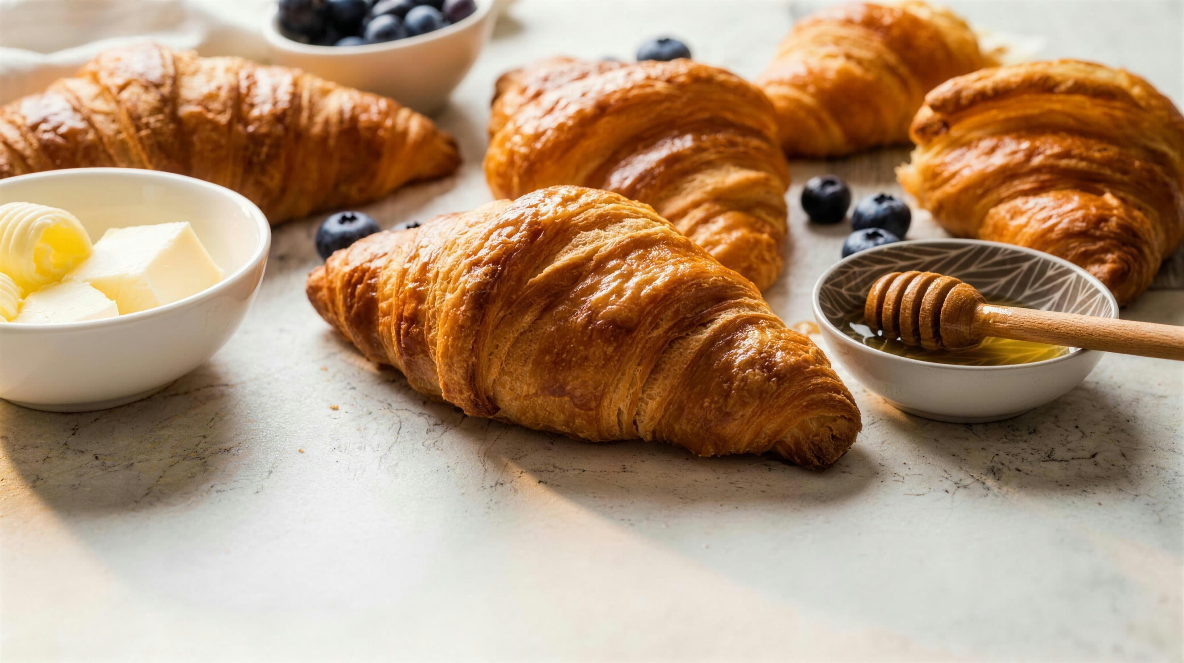 Butter croissants fresh from the morning bake, with blueberries, butter and a honey dipper — photographed by La Parisienne