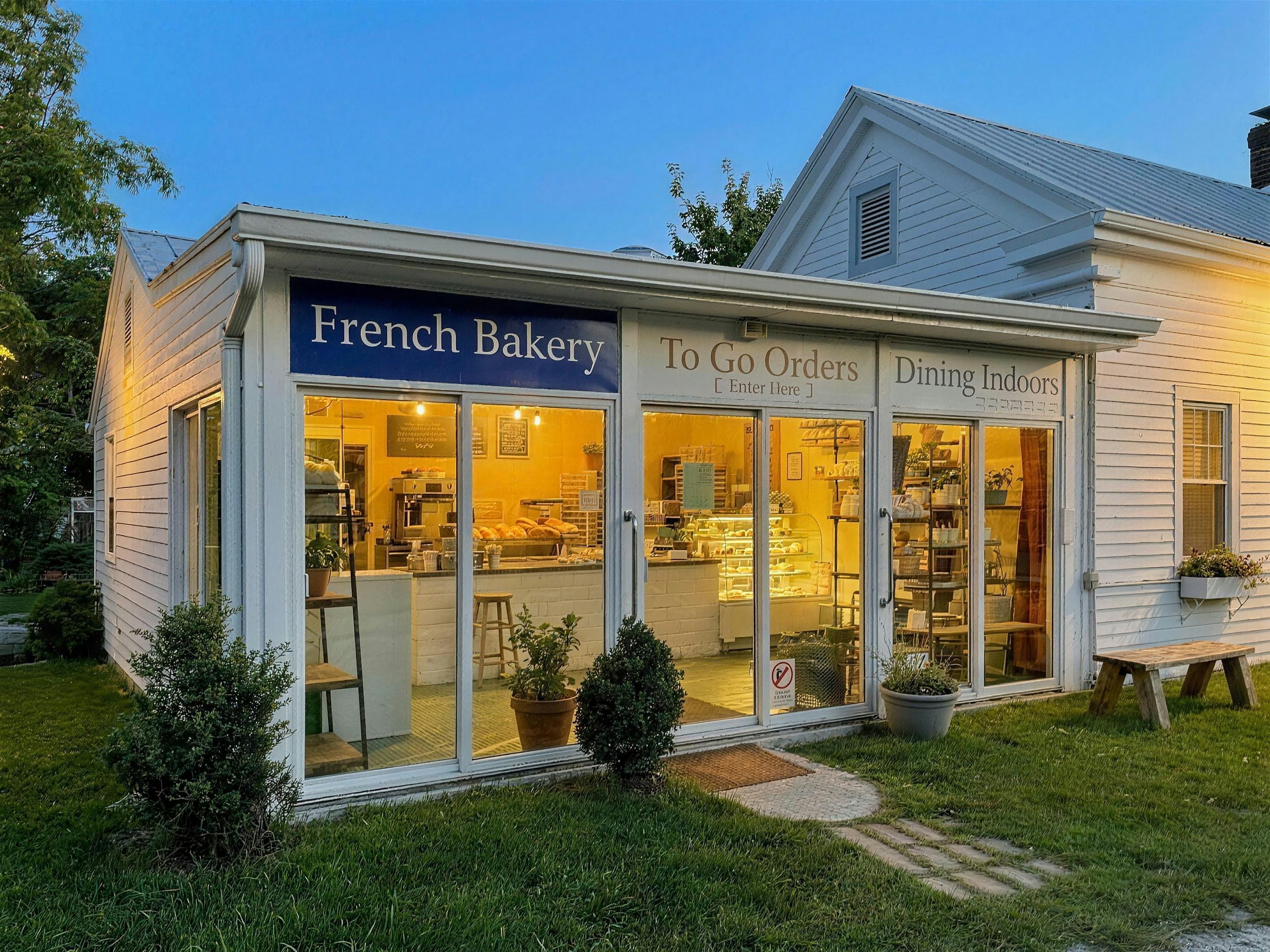 The La Parisienne storefront after dark, its windows glowing warm over the lawn