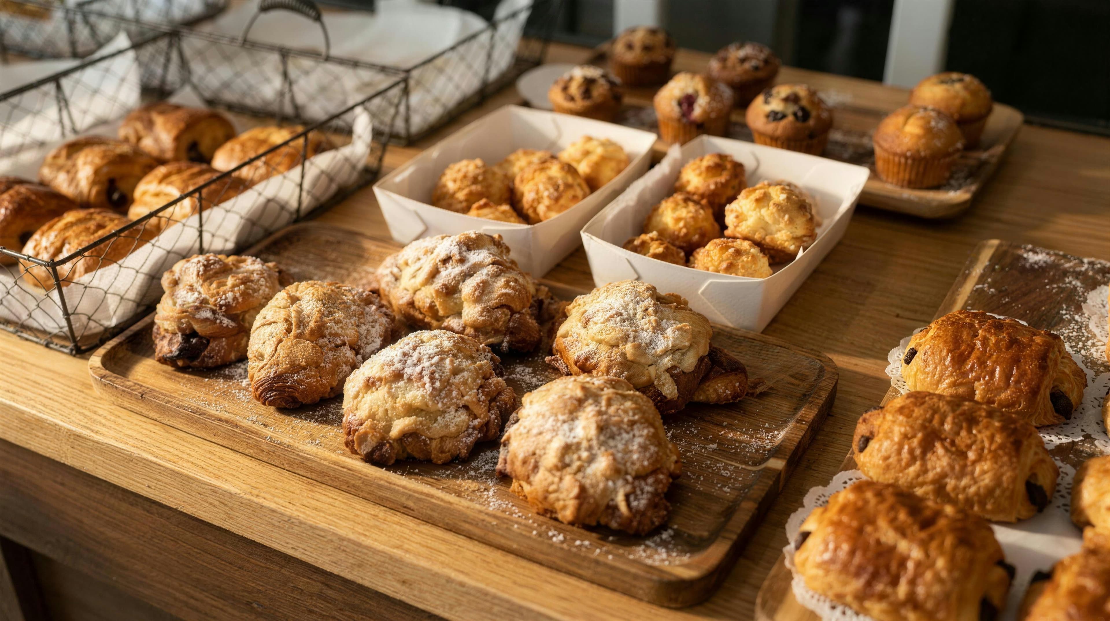 The pastry counter — pains au chocolat in a wire basket, almond croissants dusted with sugar, chouquettes and muffins on wooden boards