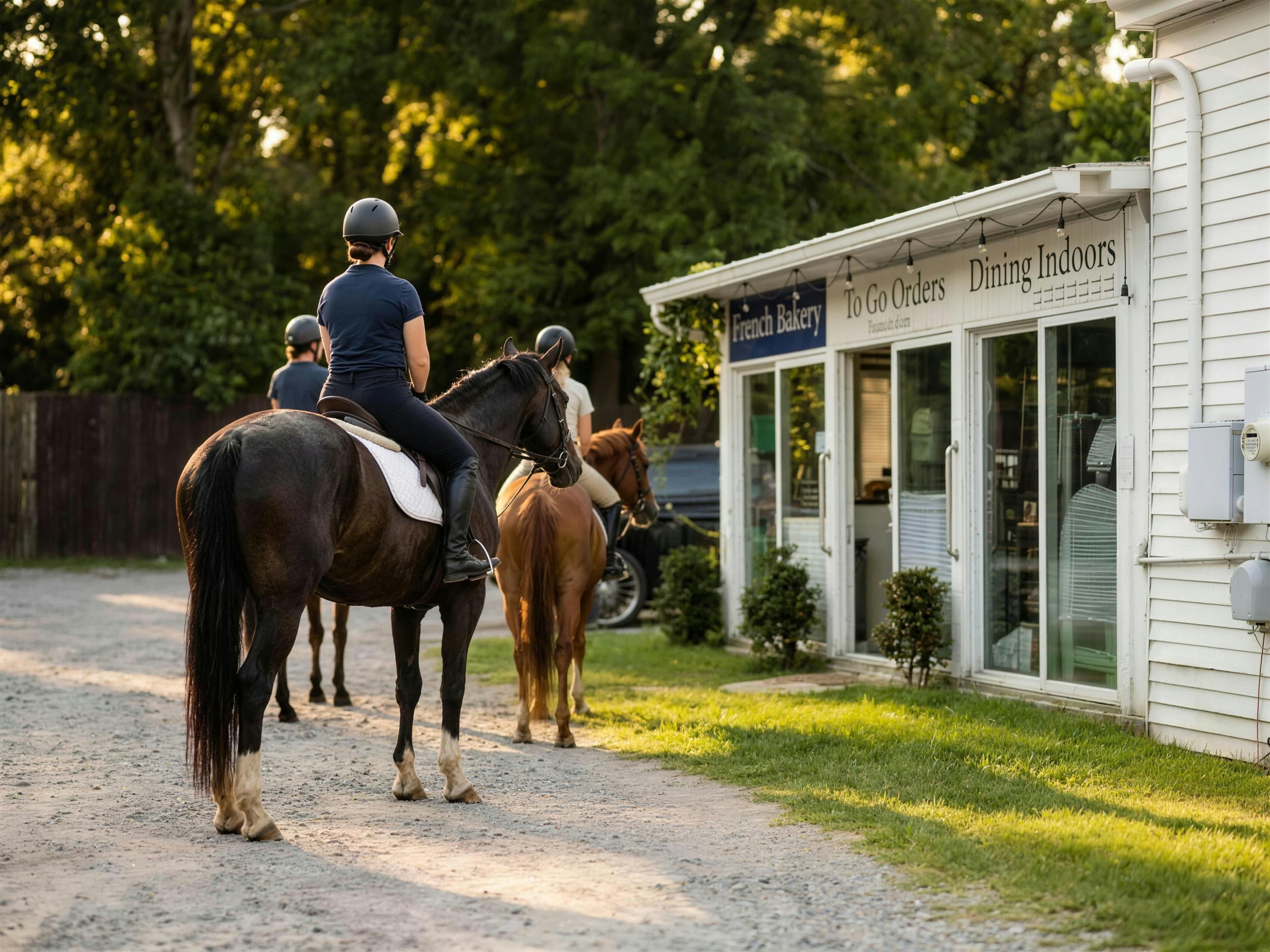 Two riders on horseback, seen from behind, pulled up outside La Parisienne beneath the French Bakery, To Go Orders and Dining Indoors signs in late afternoon light