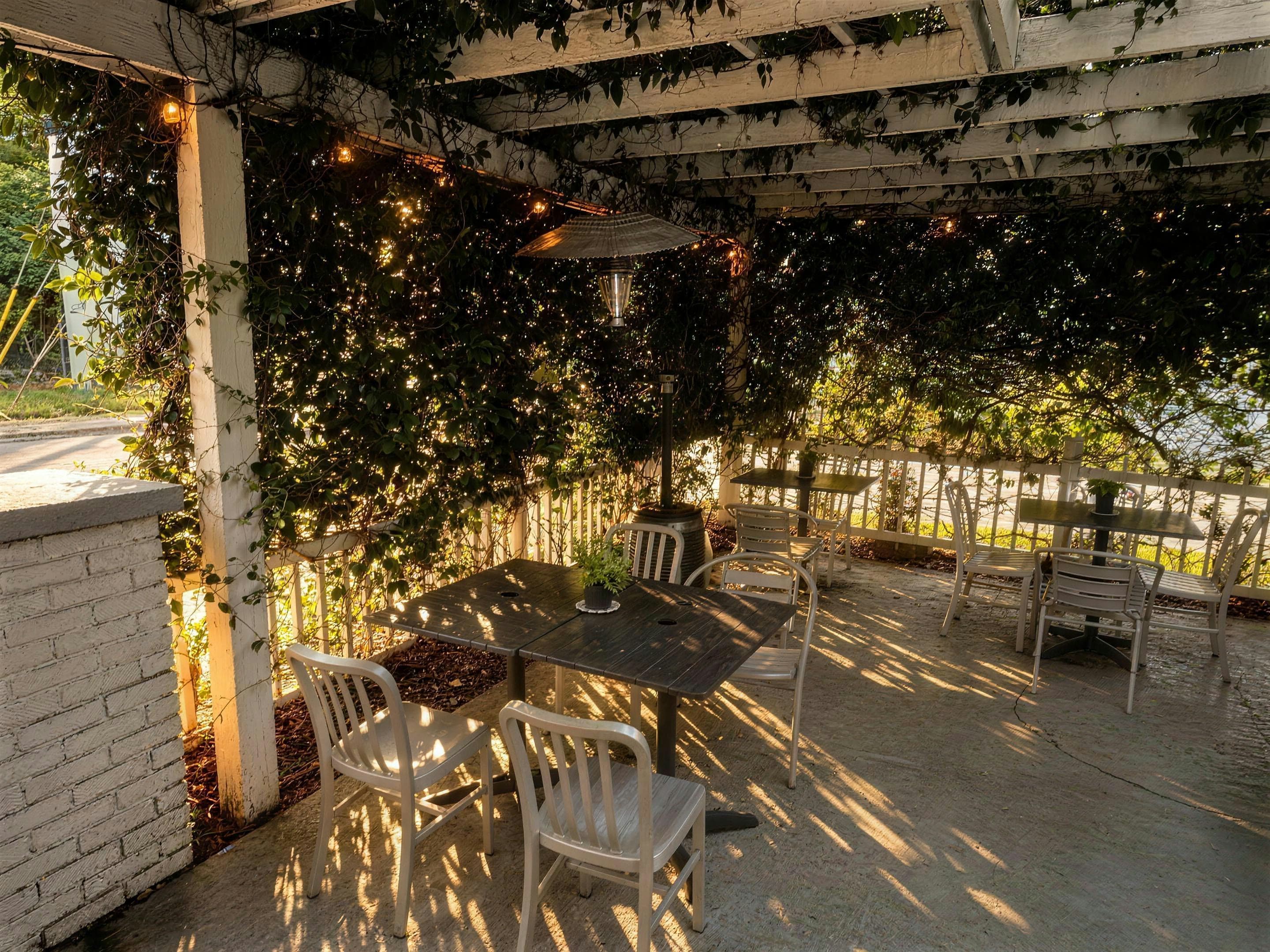 The vine-covered pergola terrasse at La Parisienne in late-afternoon light, string lights strung above the bistro tables