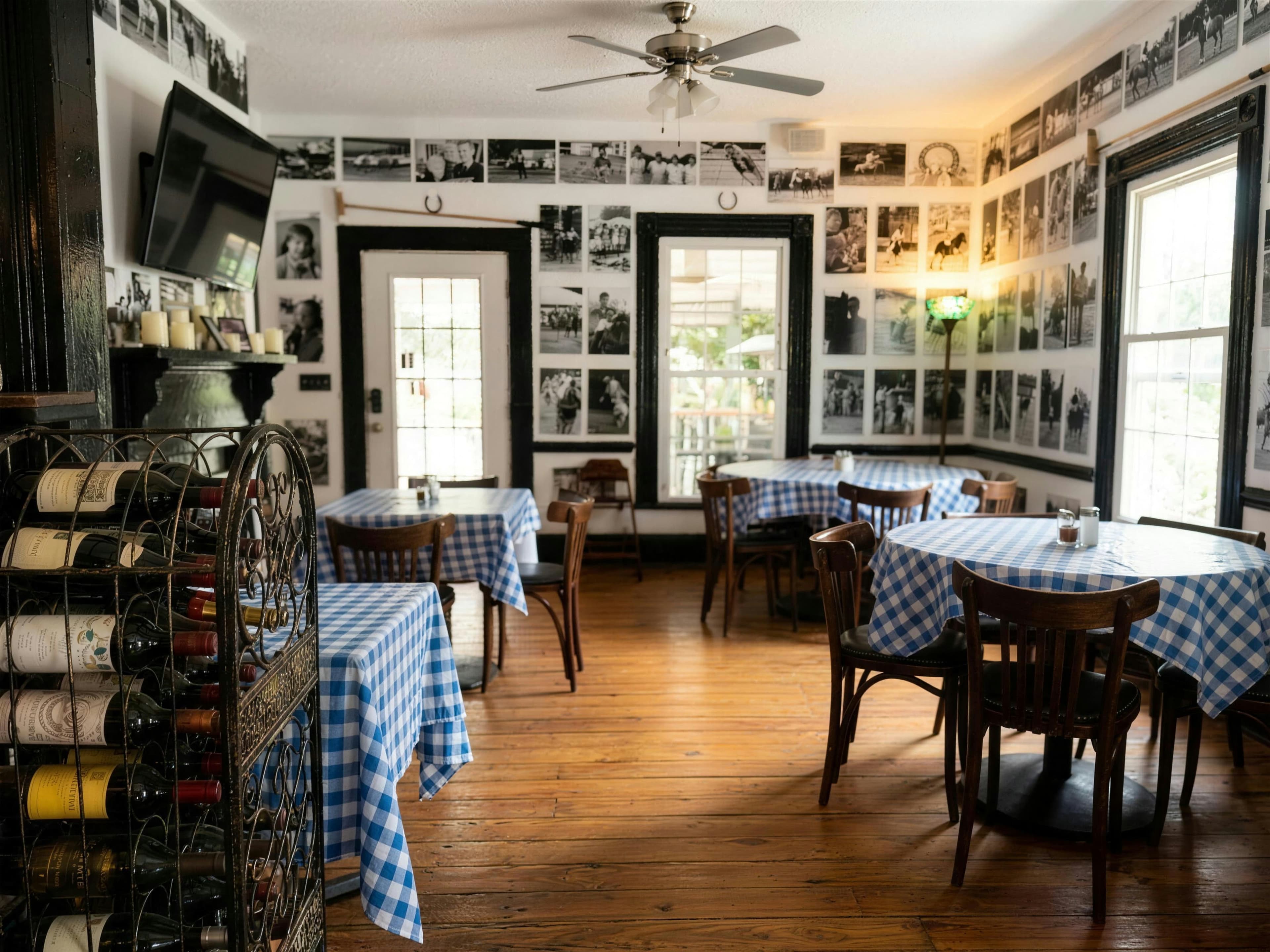 The dining room — blue gingham tablecloths, bentwood chairs, the wine rack and walls of black-and-white polo photographs