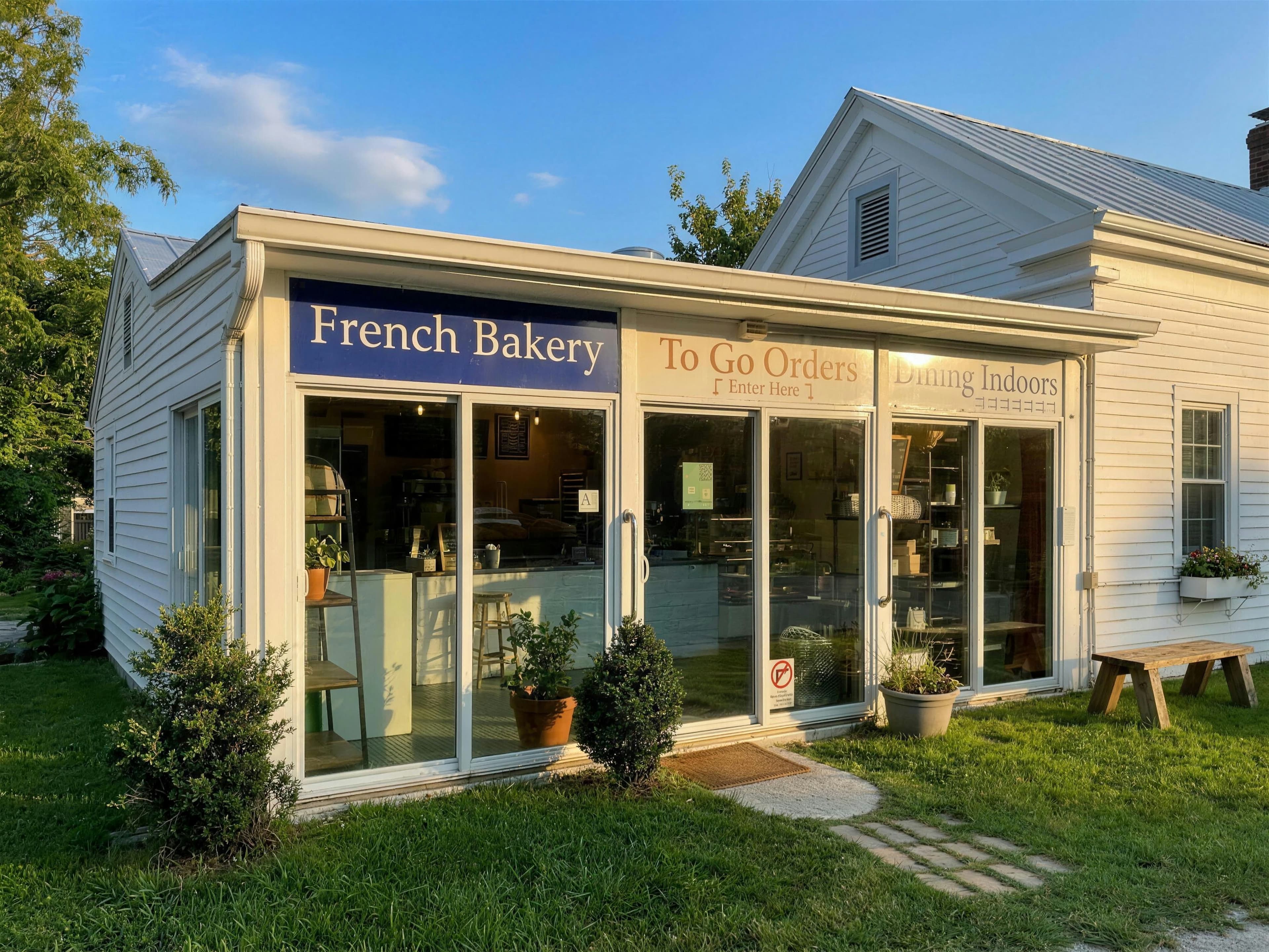 La Parisienne storefront in late afternoon light — French Bakery, To Go Orders and Dining Indoors signs over the glass front