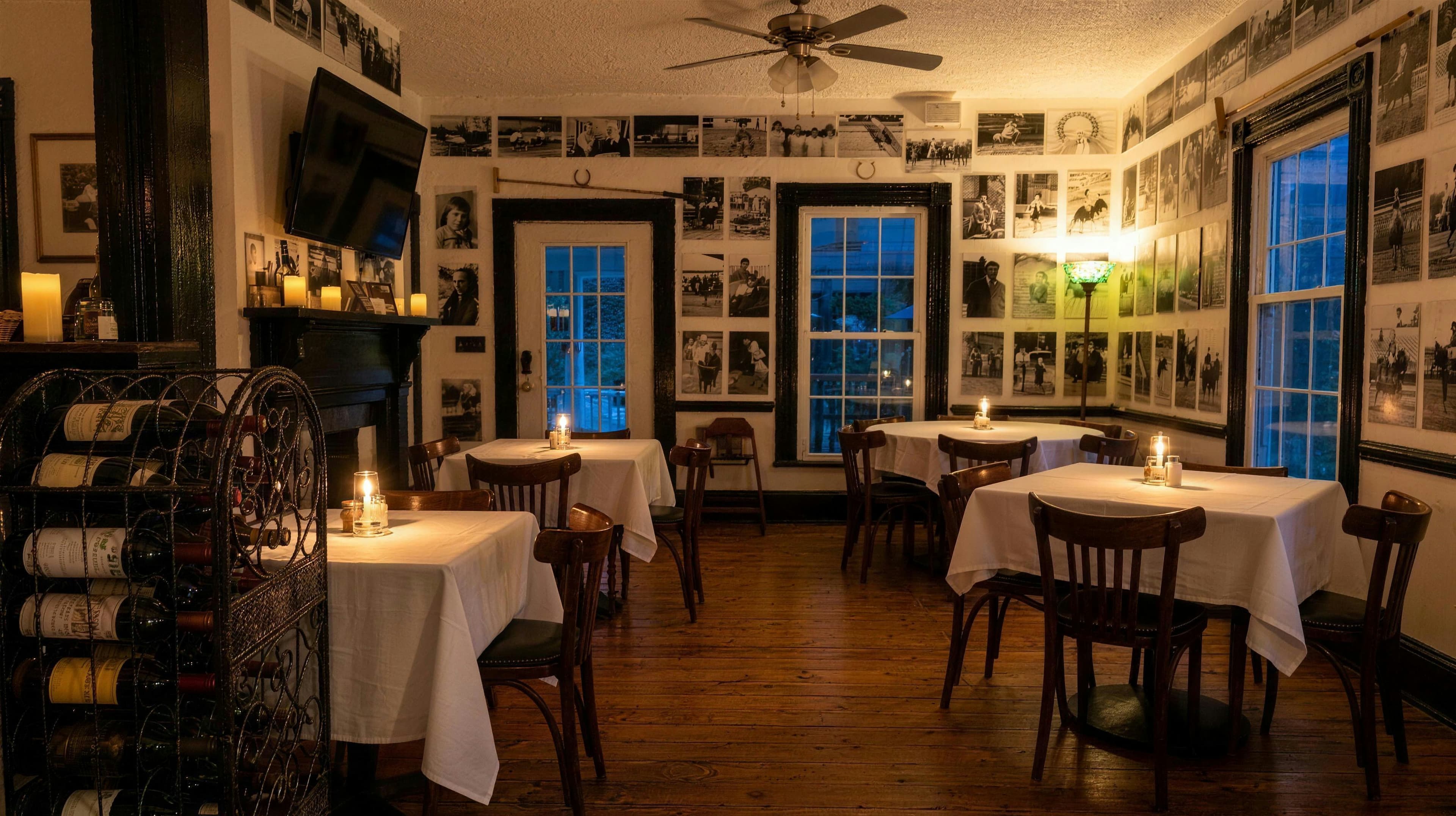 La Parisienne's dining room at candlelight — white linen, the wall of polo photographs, the wine rack