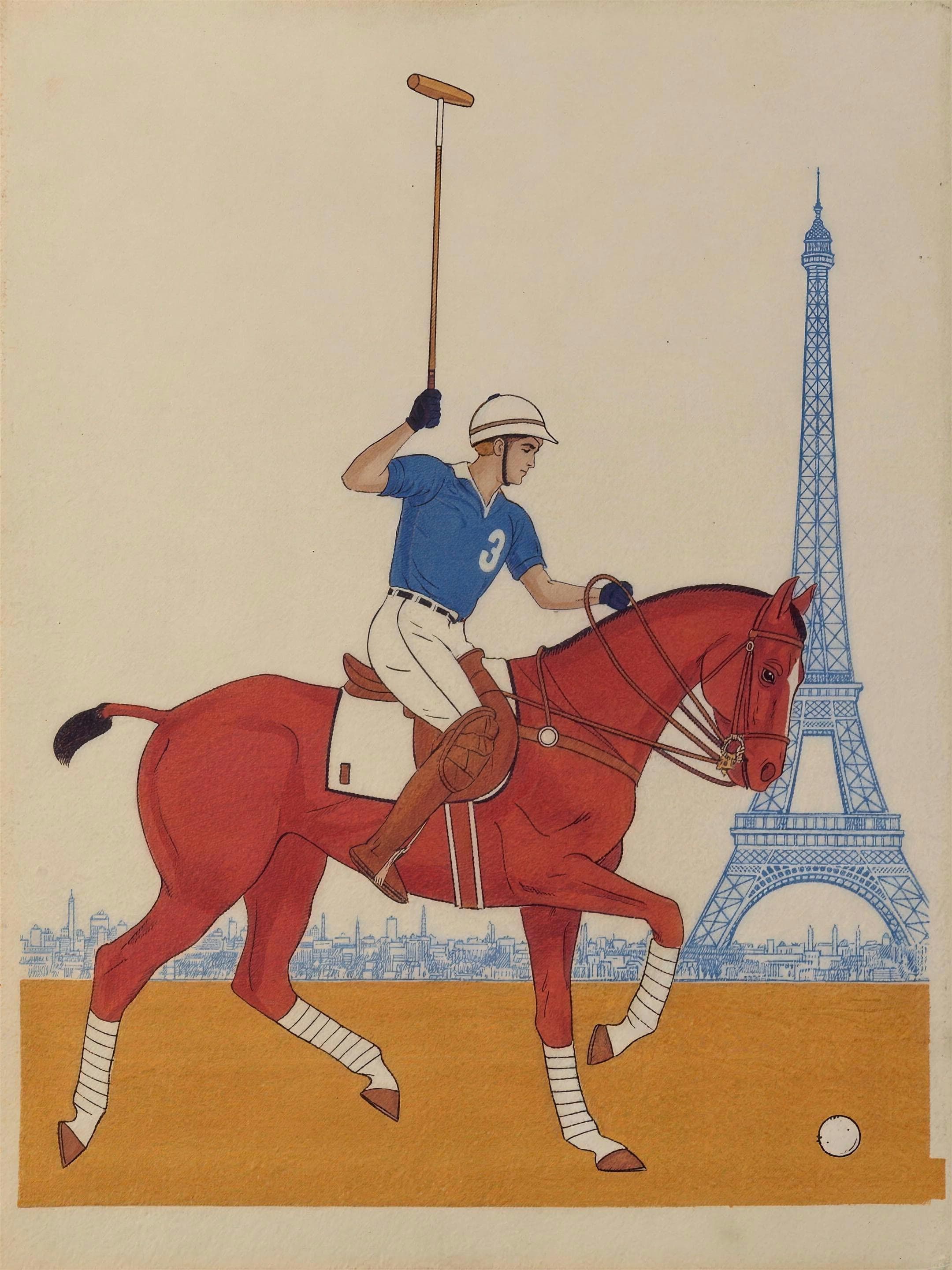 Vintage tricolore poster illustration of a polo player on a galloping polo pony — hogged mane, bandaged legs, mallet with its cigar-shaped head raised in a right-handed backswing — before a cobalt line-drawn Eiffel Tower.