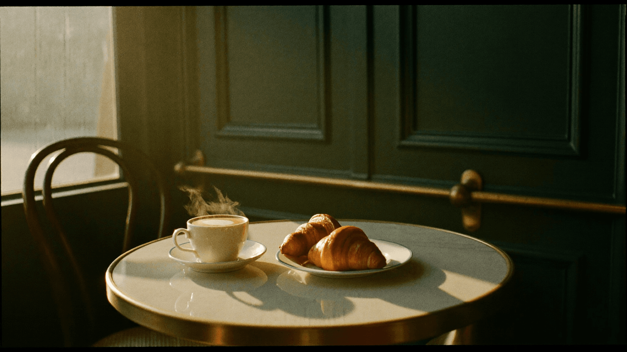 A steaming café au lait and two croissants on a marble bistro table in morning light — AI-visualized concept art