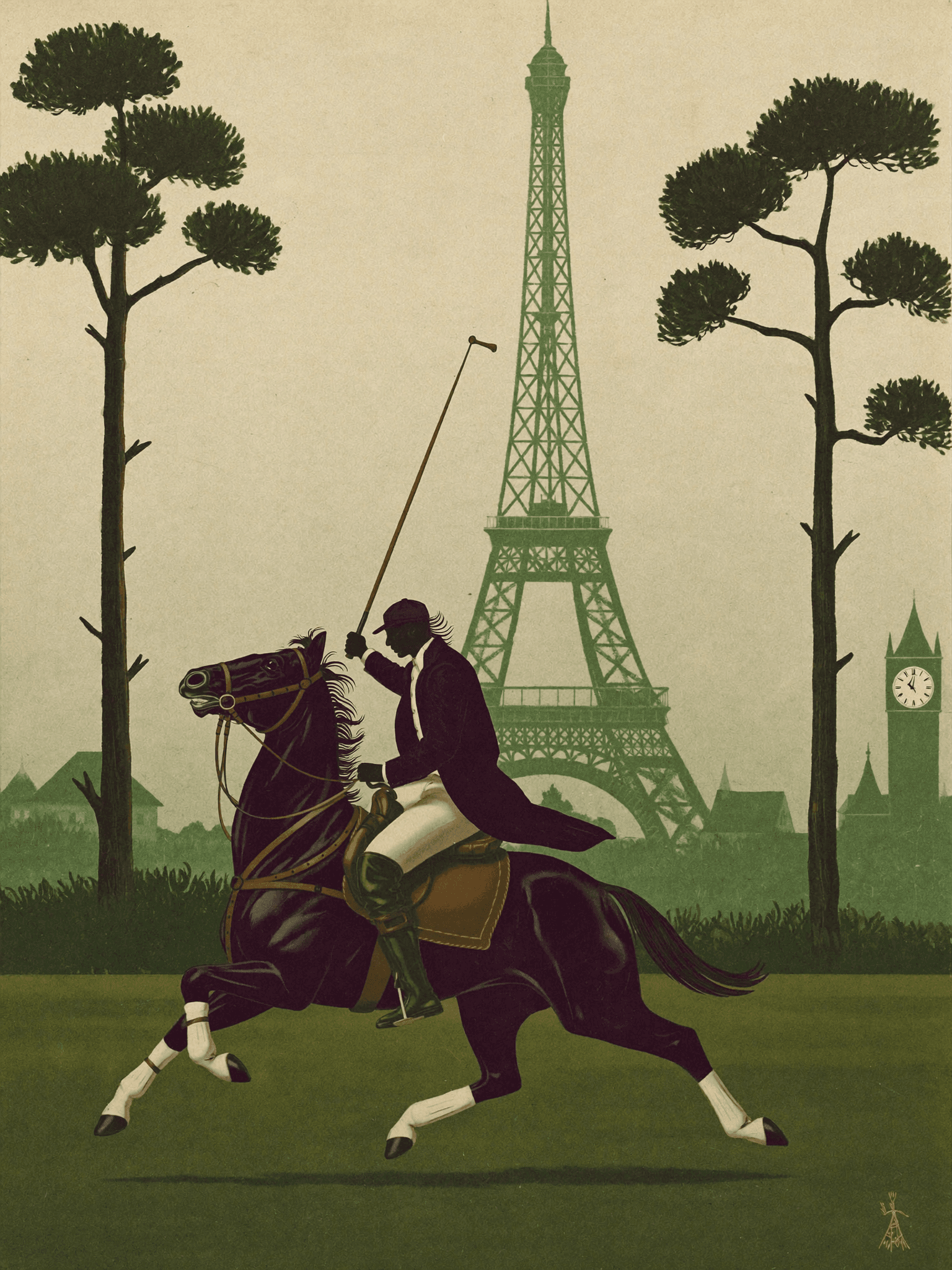 Vintage poster-style illustration of a polo player galloping before the Eiffel Tower — AI-visualized concept art